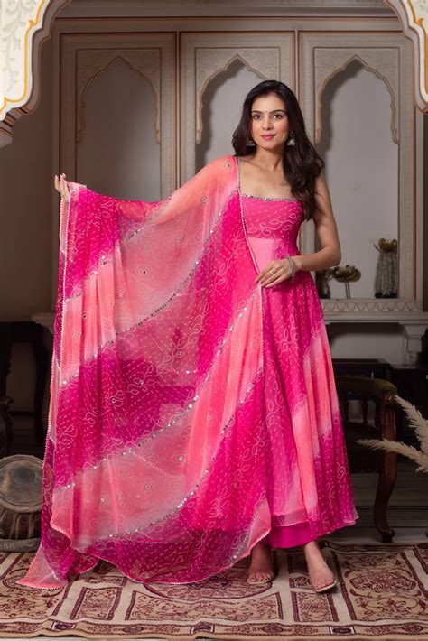 Pink Bandhej Anarkali Kurti Set with Mirror Work | Festive Wear ...