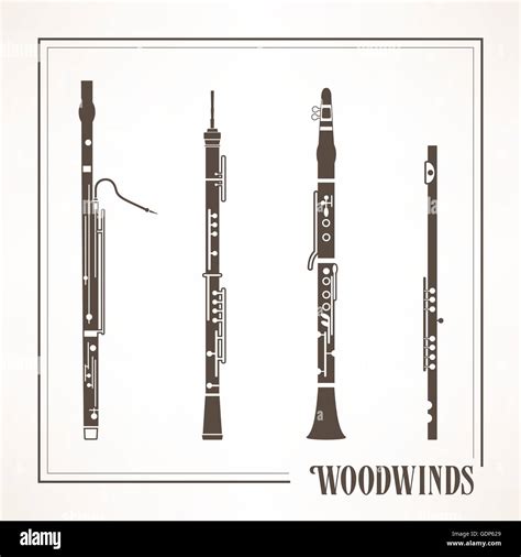 Classical musical woodwinds instruments: flute, oboe, piccolo and ...