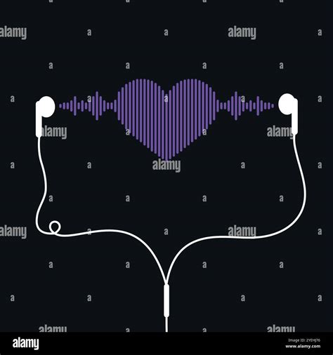 Sound wave heart shape in earphones. Music emblem on black background. Music equalizer. Vector ...