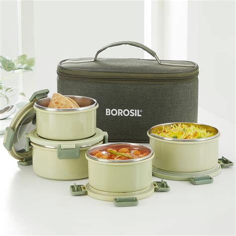 Buy Borosil Glory Green Stainless Steel Lunchbox with Bag | 4 pcs Set ...