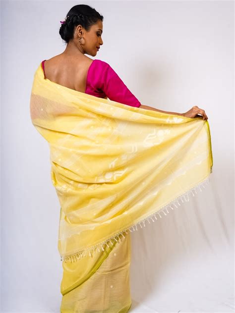 Lime Yellow Handloom Cotton Jamdani | Online Jamdani Saree – OnlyPaithani