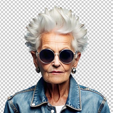 Old woman with spiky hair wearing round sunglasses transparent ...