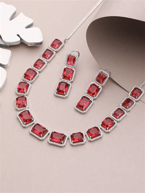 Priyaasi Wine Blocks American Diamond Silver-Plated Jewellery Set