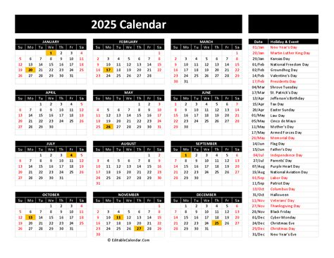 Free Editable 2025 Word Calendar