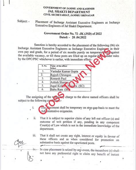 J&K Govt orders placement of AEEs as I/c Executive Engineers