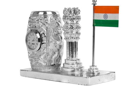 Diviniti 999 Silver Plated Pen Holder with Ashok Stambh and Indian Fla ...