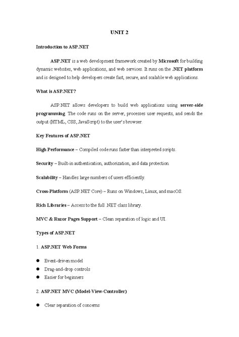 Unit 2: Introduction to ASP.NET - Web Development Framework Overview ...