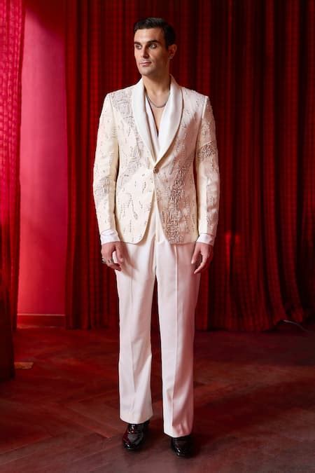Buy White Jacquard Cut Work Cutdana Embroidered Tuxedo And Trouser Set ...