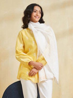 Buy Fabindia White Cotton Silk Blend Chikankari Stole Online