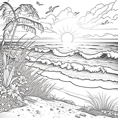 Beach Scene Coloring Pages Bundle #2, PNG Digital Download Pages, Beach ...