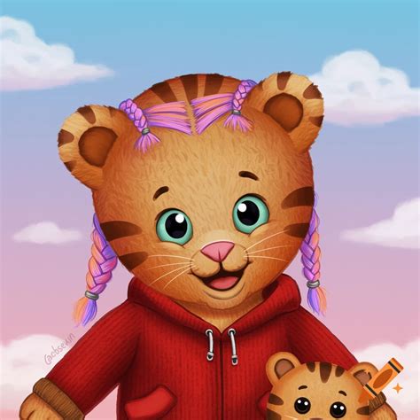 Daniel Tiger in a red hoodie with colorful braids holds a small stuffed ...