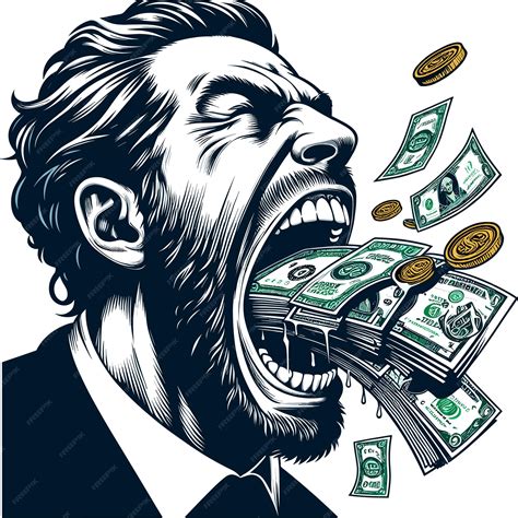 A drawing of a greedy man with a lot of money in his mouth | Premium AI-generated vector