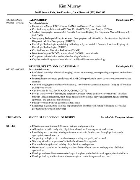Pacs Administrator Resume Samples | Velvet Jobs