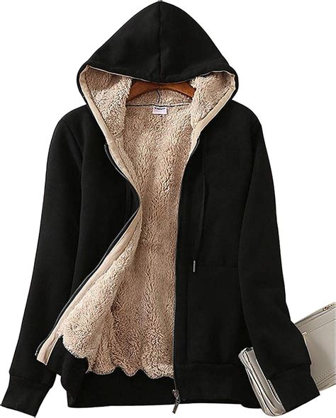 Ladies Plain Hoodie Winter Warm Fleece Lined Zip Up Jacket Coat for ...