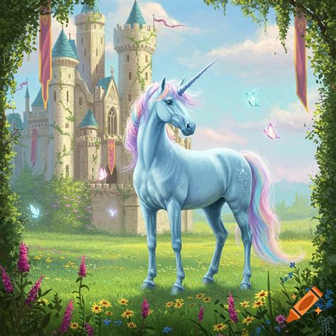 A blue unicorn with a flowing rainbow mane and tail stands in a field ...