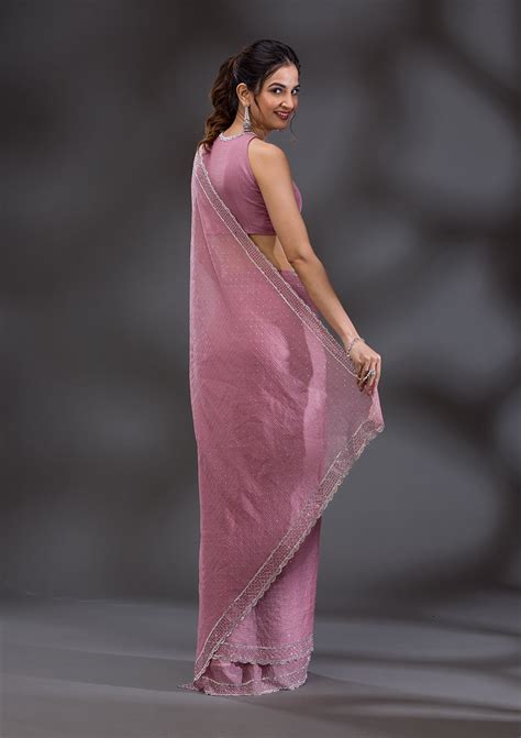 Buy Onion Pink Stonework Tissue Saree - Koskii