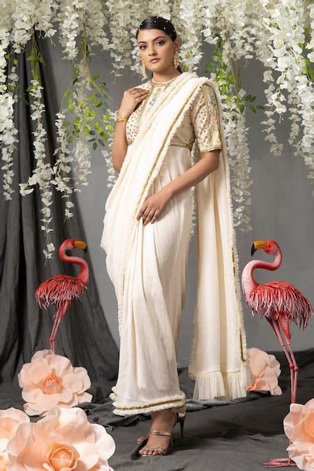 Buy Off White Silk With Zari Blend Embellished Sequins Round Floral ...