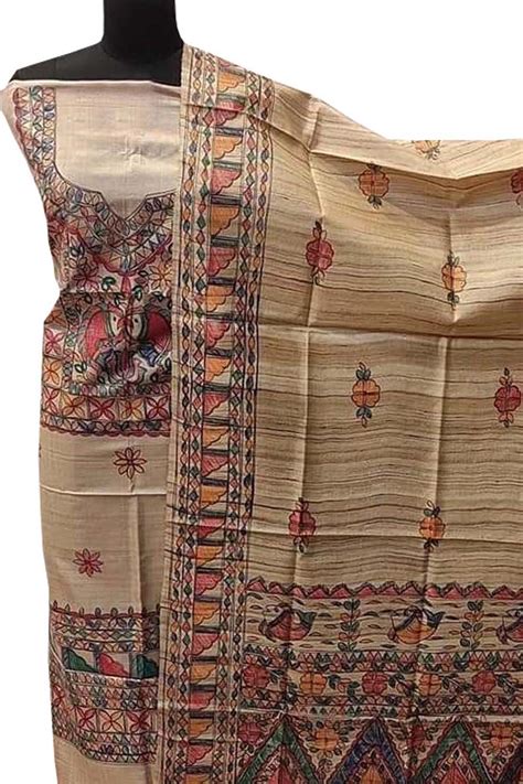Pastel Perfection: Madhubani Hand Painted Tussar Ghicha Suit Set