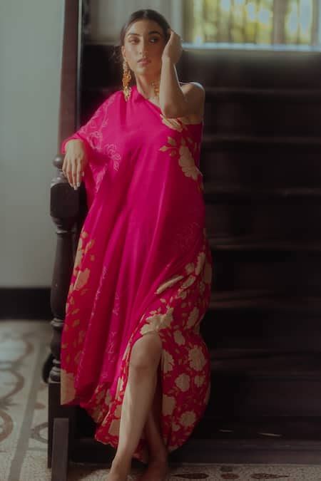 Buy Pink Pure Crepe Floral Print One Shoulder Wrap Tunic And Skirt Set ...