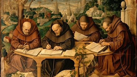 Premium AI Image | Medieval monks transcribing manuscripts in a monastery