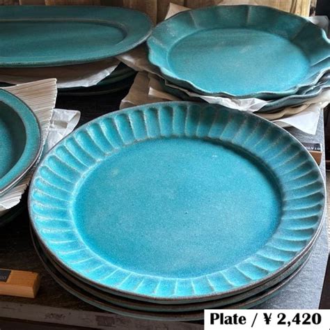 MASHIKO hors d'oeuvre plate, Shabby turquoise, Mashiko ware, round ...