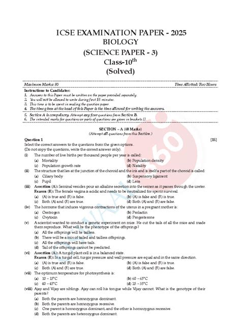 ICSE 2025 Biology Solved Examination Paper (Science Paper 3) - Studocu