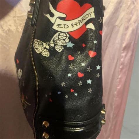 Ed Hardy Purse HAS Tears! Black leather heart... - Depop