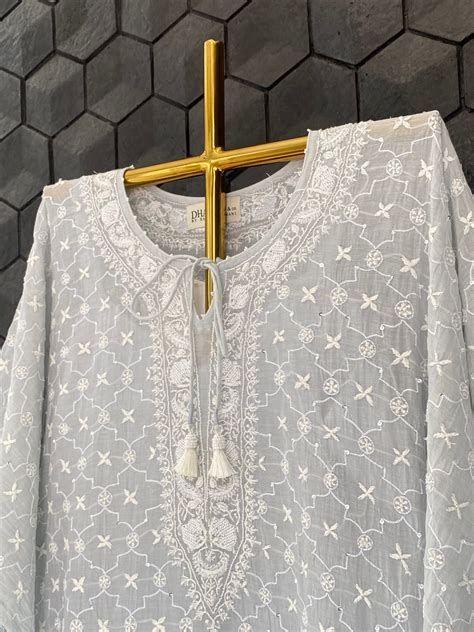 Grey Mul Chanderi Chikankari Kaftan