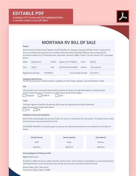 Montana RV Bill of Sale Template in Word, PDF, Google Docs - Download ...