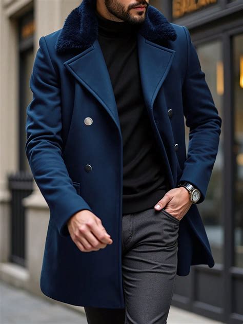 Men's Solid Color Patchwork Fluffy Lapel Neck Double Breasted Long ...