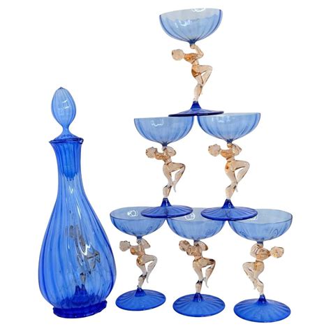 Art Deco Blue Glass Nude Girl Decanter and 6 Glasses Set Bimini, Vintage Austria For Sale at 1stDibs