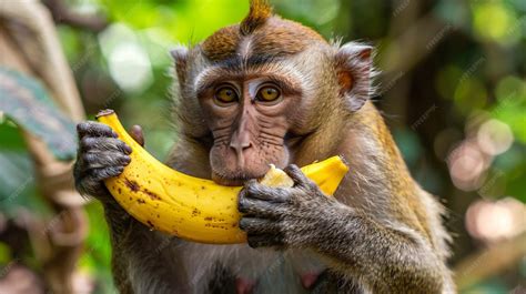Premium Photo | A monkey eating a banana with a banana in his mouth