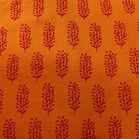 Pure Cotton Dabu Orange With Maroon Cream Plant Hand Block Print Fabri ...