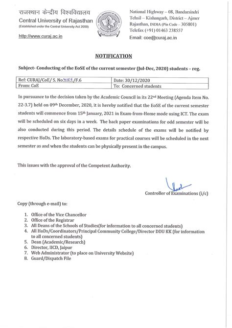 Examinations/Notices/Circulars | Central University of Rajasthan