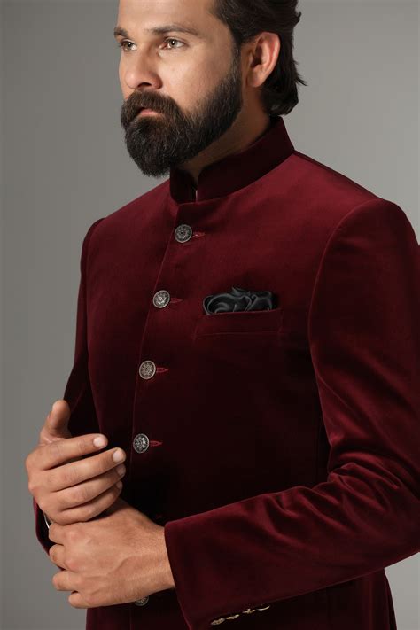 Velvet maroon luxury bandhgala suit for men – Brahaan
