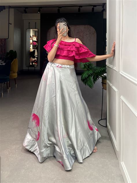 Mesmerizing Grey Zari Satin Printed Co-ord Lehenga Set with