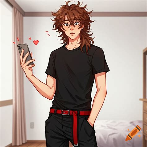 Anime guy with long brown hair, black shirt, red belt, and baggy black ...