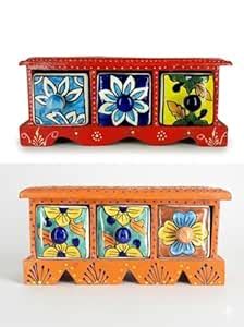 DIWAM HANDICRAFTS Hand Painted Ceramic 3 Mini Cabinet Drawer Wooden ...