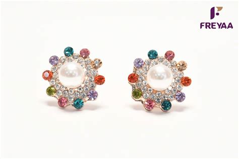 Buy Classic White Pearl Studs With Multicolour Crystals - Freyaa