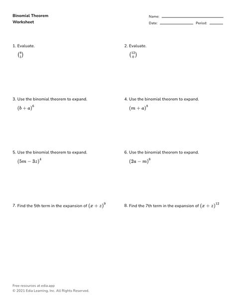 Image result for Binomial Theorem Worksheet