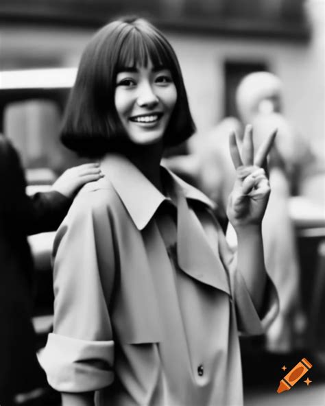 Vintage paparazzi photo of smiling japanese actress with peace sign ...