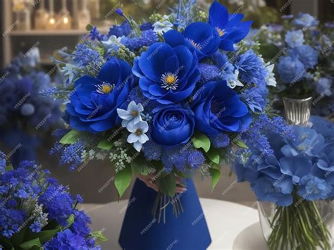 Premium Photo | Beautiful bouquet of blue flowers on the table in the room