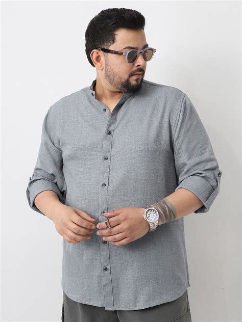 Plus Men's Metallic Blue Linen Blend Full Sleeve Relaxed Fit Mandarin ...
