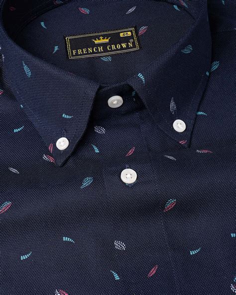 Ebony Blue Leaves Textured Premium Cotton Button-Down Shirt For Men ...
