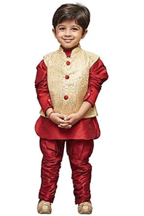 Buy JBN Creation Boys' Maroon Cotton Silk Kurta Modi Jacket and ...