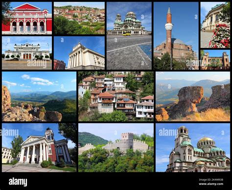 Bulgaria country photo collage. Travel photos set with Sofia, Ruse, Veliko Tarnovo, Vidin and ...
