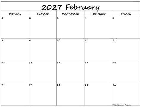 February 2027 Monday Calendar | Monday to Sunday