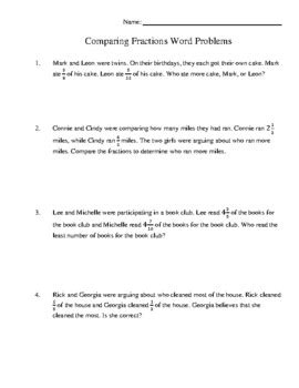 Image result for Comparing Fractions Word Problems Worksheet