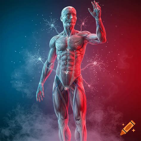 Full body anatomical figure showing muscles and nerves, glowing red on right and blue on left ...