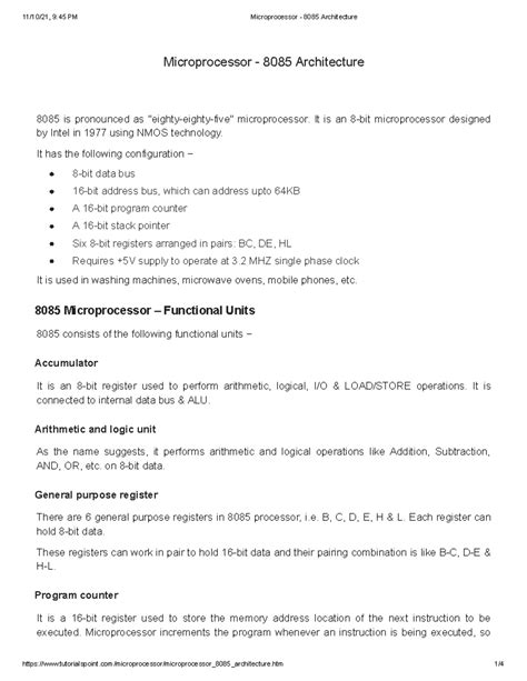 Microprocessor 8085 Architecture Notes - 8085 Course - Studocu